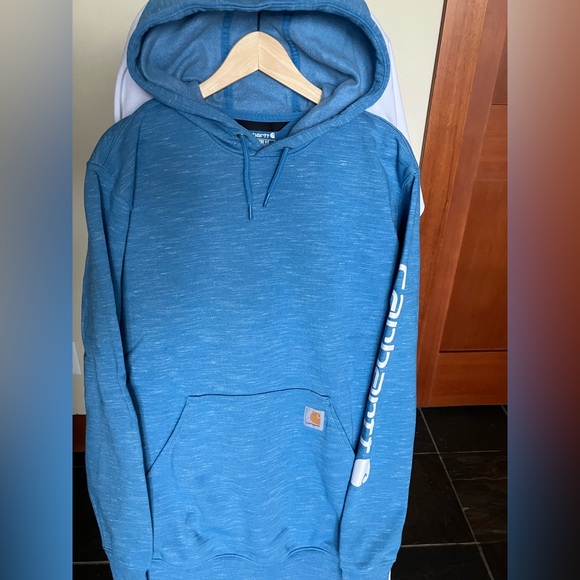Men's light blue Carhartt Hoodie with white sleeve lettering. Size M - Picture 6 of 6